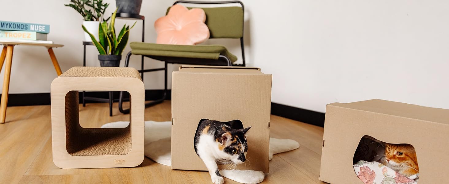Кігтеточка для котів з картону | Міцна, велика, 2в1 з будиночком | 37 x 30 x 30 см