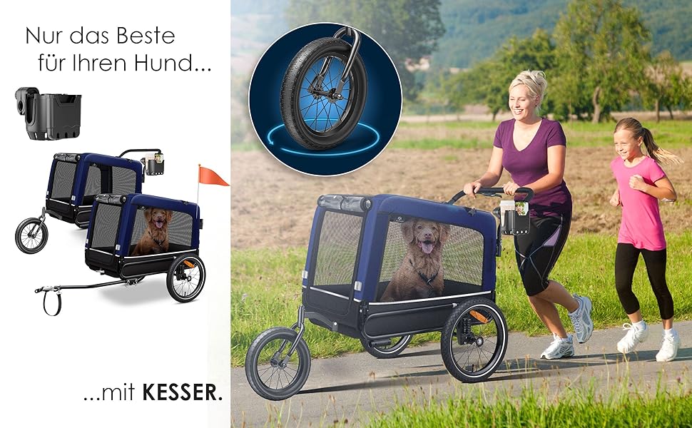 KESSER® Візок для собак Боксер 3-в-1: візок, буксир для велосипеда та буксир для бігу. Великий об'єм 240 літрів, амортизація, поворотне переднє колесо 360°, матеріал 600D Oxford Canvas, SmartSpace, максимальне навантаження 40 кг, колір Navy Blue