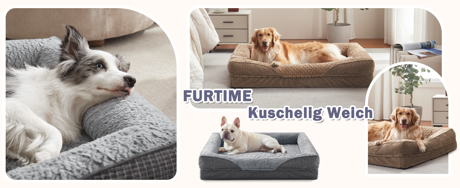 Ортопедичне ліжко для собак середніх та великих порід FURTIME, 89x64x18 см, сірий колір. Знімний та миючий кошик для собак з Memory Foam, з високим бортиком та антиковзким покриттям.