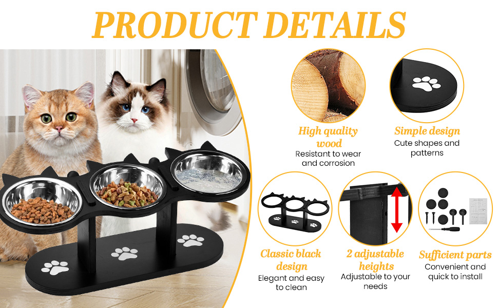 Набір мисок для котів 3 шт. з нержавіючої сталі, підняті миски для котів та маленьких собак, дерев'яна годівниця для котів, чорний колір