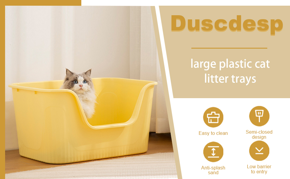 Відкритий лоток для котів Duscdesp 64x45x33 см з високим бортиком, сірий. Великий лоток для котів, без кришки, стійкий до розбризкування, підходить для великих котів та кошенят.