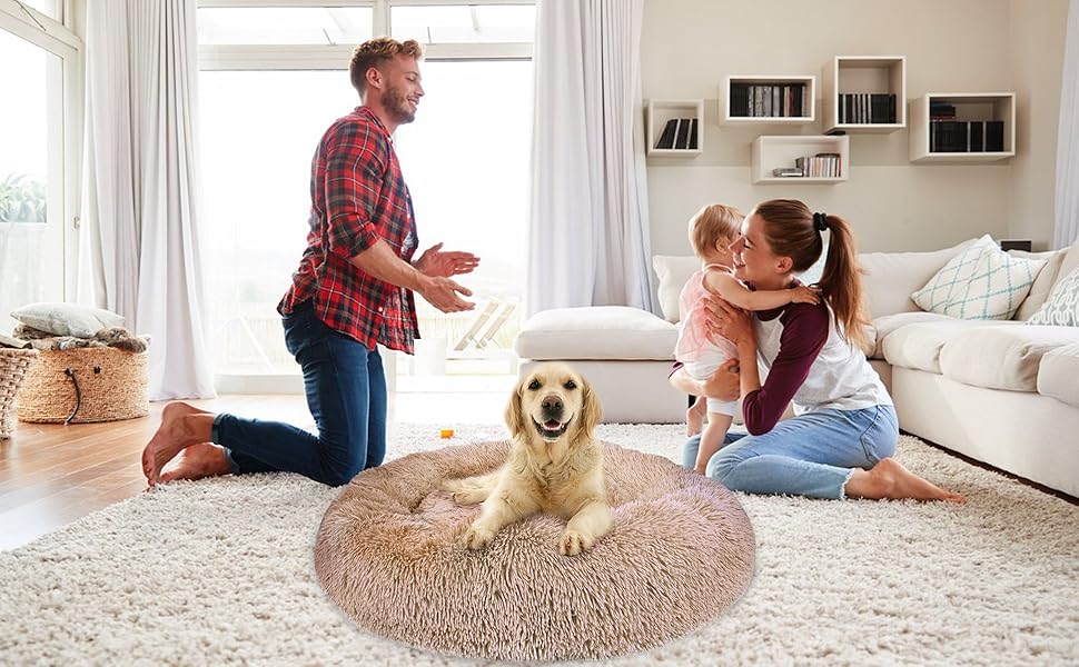 Кругле ліжко для собак та котів Donut, 50 см, бежеве/коричневе. М'яке, ортопедичне, з антиковзною основою, для заспокоєння та комфортного сну.