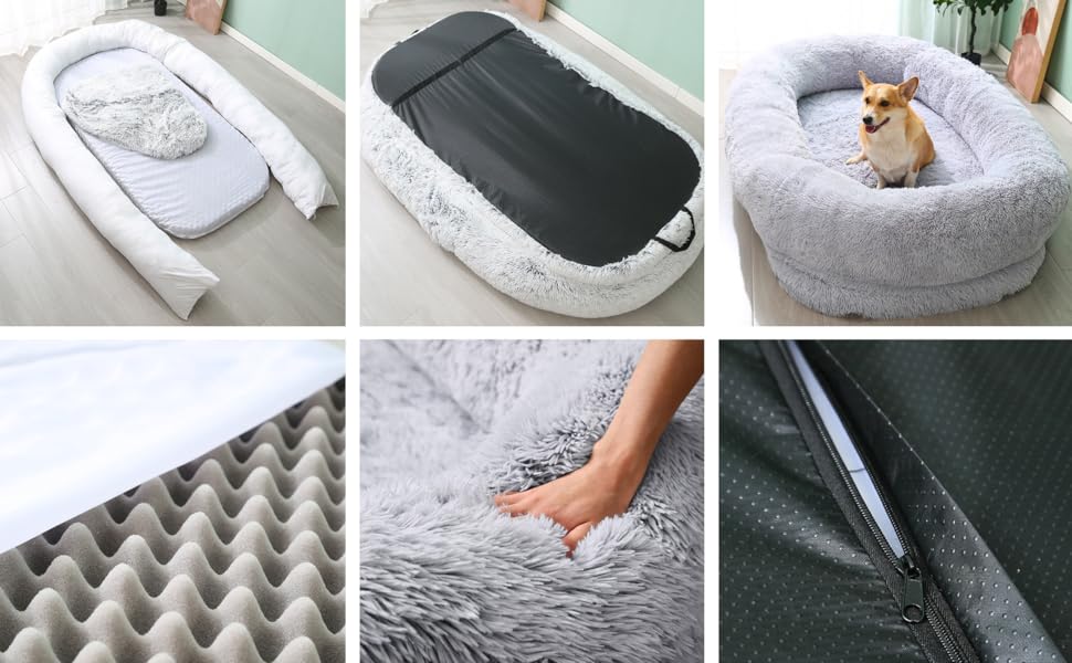 Ліжко для собак Noviclass® XXL 190 см | Ортопедичний матрац з Memory Foam | Зігріваюча ковдра та подушка | Сірий колір | Для великих собак