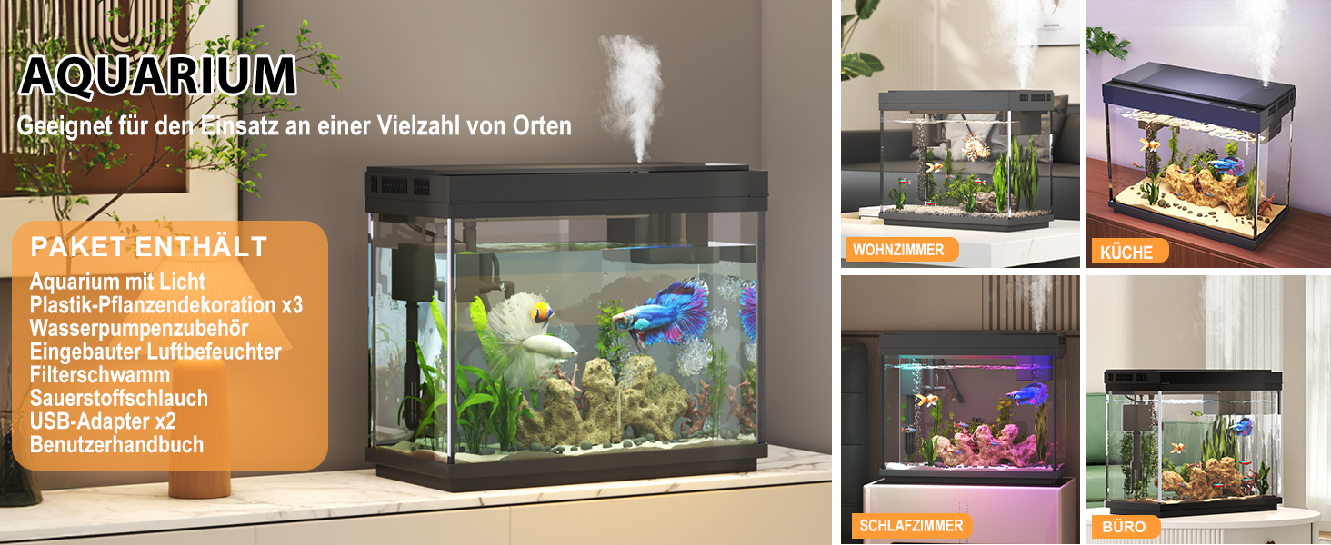 Акваріум Vehipa Nano 9L з інтелектуальним зволожувачем повітря, індикатором температури, склом UHD, 7-кольоровим підсвічуванням, 3-в-1 насосом з фільтрацією, подачею кисню та циркуляцією, чорний