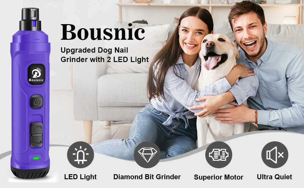Шліфувальник для собак Bousnic Krallenschleifer: тихий електричний триммер з LED-підсвічуванням для собак та котів середніх та малих порід, фіолетовий