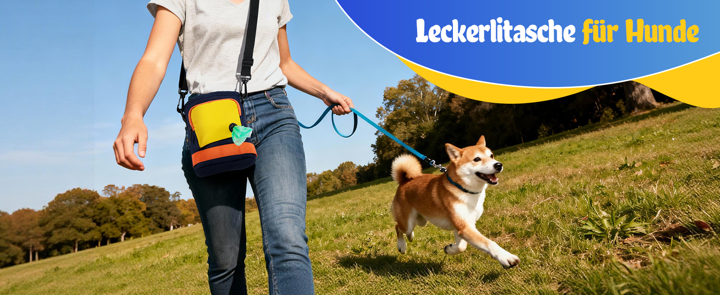 Сумка для ласощів для собак – сумка для дресирування собак з блискавкою, регульованим реміннем/лямкою. Ідеально підходить для корму для собак, телефону, ключів, пакетів для збору відходів та іграшок (Жовтий). Жовтий та Темно-синій