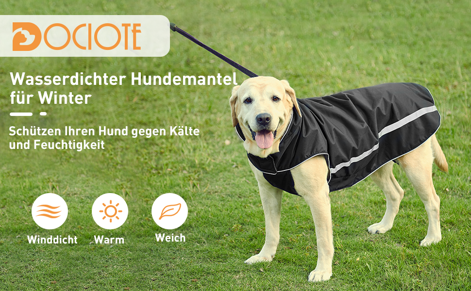 Водонепроникний собачий плащ/куртка з отвором для коміра, на липучках, з флісовою підкладкою, зі світловідбиваючими елементами, зимовий, для середніх та великих собак, чорний, 4XL, 1 шт.