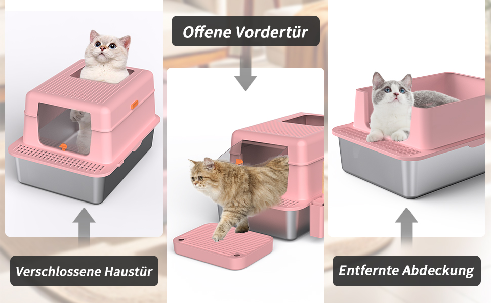 Котячий туалет з нержавіючої сталі з кришкою 60x40x39 см, 36 л, подвійний фільтр, совок, високий борт, закритий, легке очищення, рожевий