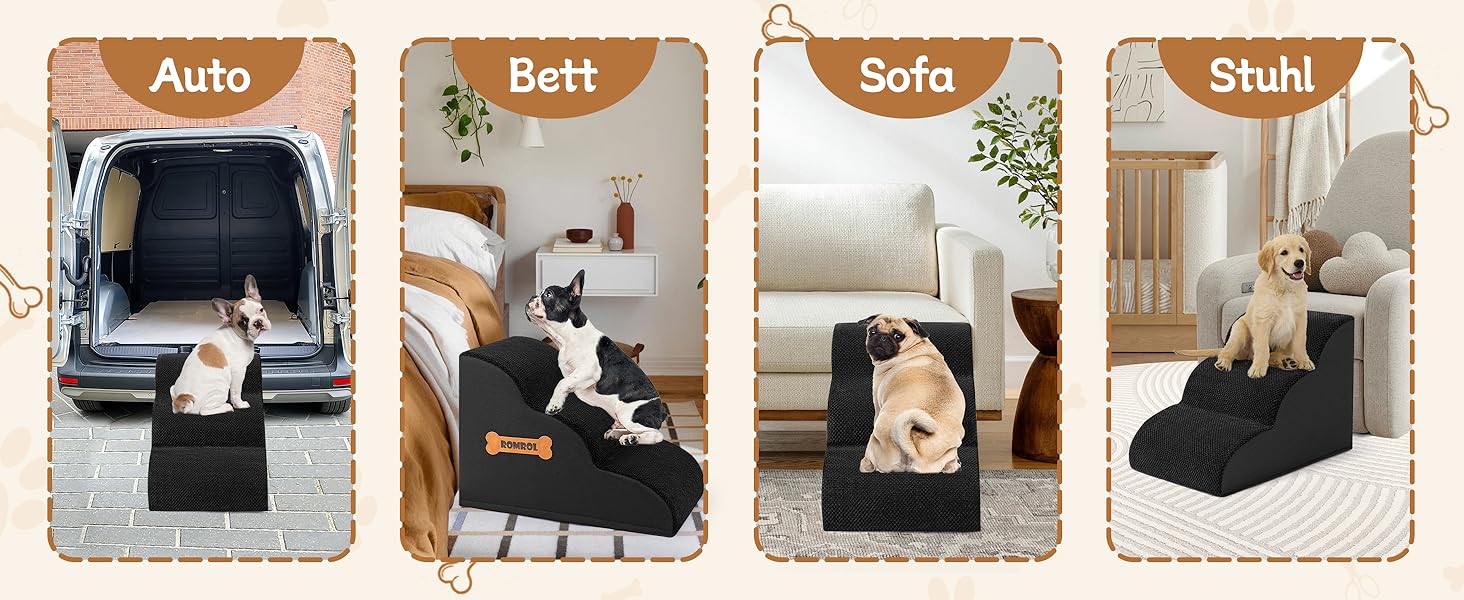 Сходинка для собак та котів ROMROL 3 сходинки - чорна, з неслизьким покриттям, з memory foam, для дому