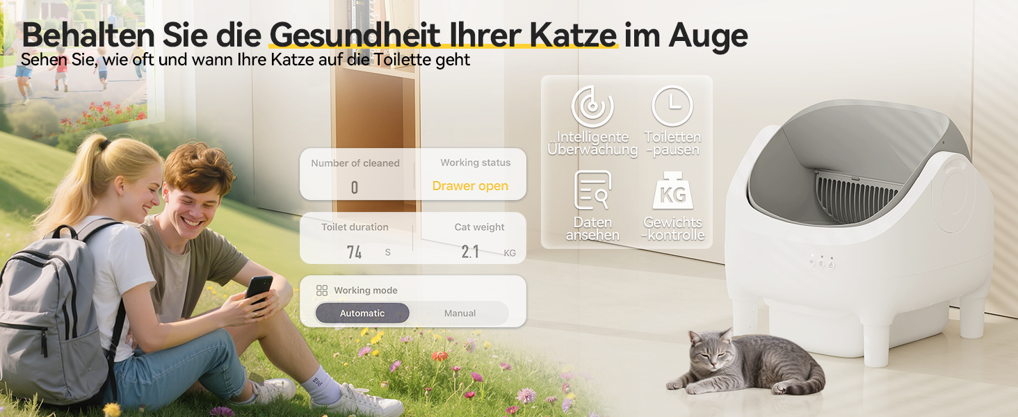 Автоматичний лоток для котів Devoko, самоочищуючийся, для великих котів до 15 кг, з керуванням через додаток, відкритий, зручний для котів, з ємністю 15 днів, легко чистити