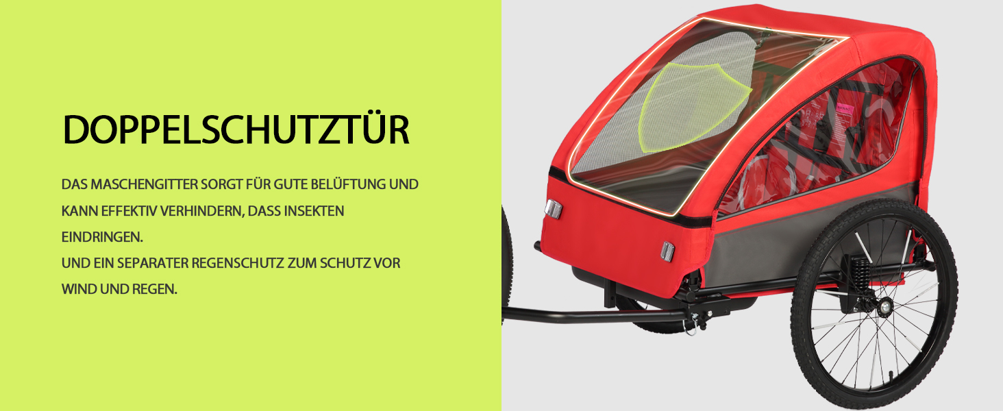 Дитячий велопричіп 2в1 з функцією візка та бігуна, амортизація, регульована ручка-штовхач та гальма, для 1-2 дітей до 40 кг (Червоний)