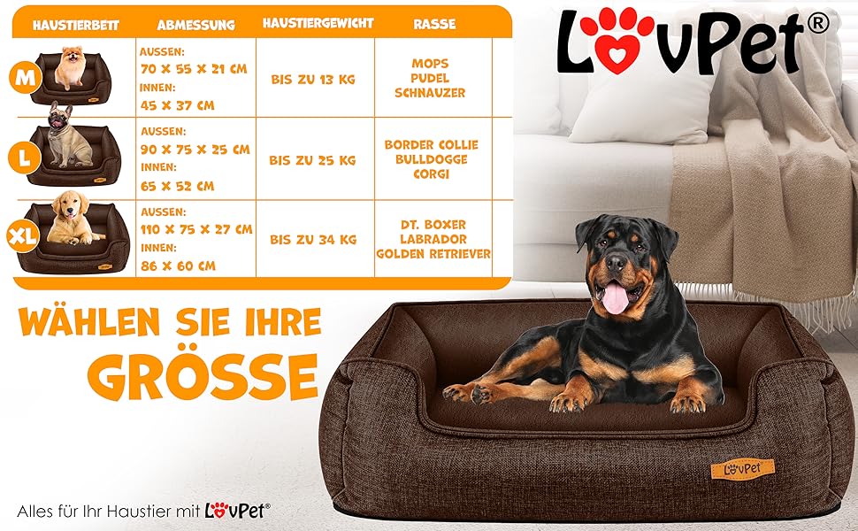 Ліжко-матрац Lovpet для собак XL 110x75x27 см, коричневе, із мискою та 3 кісточками, м'який знімний і праний чохол, для малих, середніх і великих порід