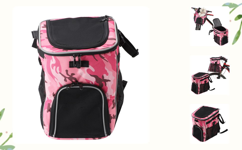 Водонепроникний та дихаючий переноска для собак та котів у велосипедному кошику, великого об'єму, знімний, рожевий камуфляж, поліестер