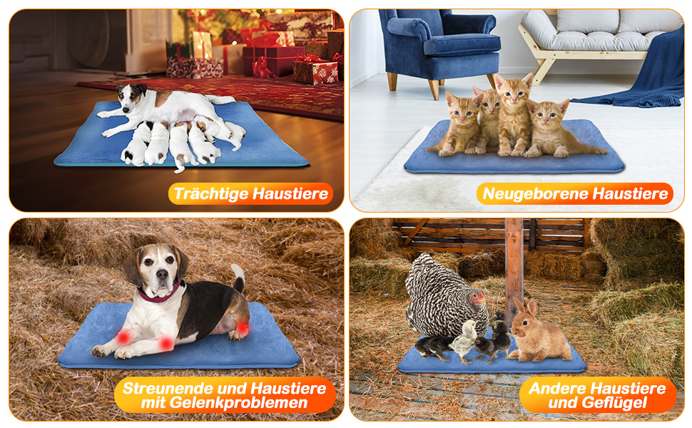 Грілка для домашніх тварин з регулятором, для котів та собак, 6 температурних режимів, таймер на 24 години, LED-дисплей, безпечна грілка з міцним кабелем (60x90 см, блакитна)