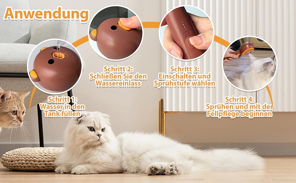 Парфумерна щітка для котів з розпилювачем, 4-в-1: видалення шерсті, масаж, розпилення, самоочищення, водонепроникна IPX7, для котів та собак, білий/коричневий колір