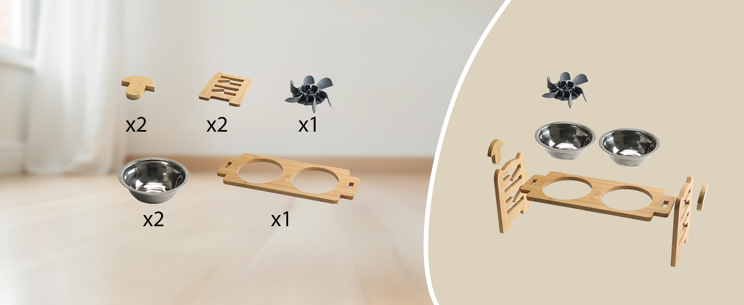 Підвищена годівниця для собак RLAVBL з бамбука, регульована, для повільного годування, з 2 нержавіючими мисками, антиковзаючі підкладки, для собак та котів