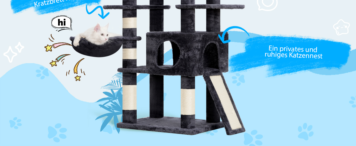 Котячий будиночок Hey-brother Kratzbaum: багатоповерховий, 145 см, сірий, з лежаком та гамаком