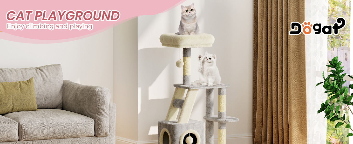 Клітка-когтеточка для котів Dogat 107 см, багатоярусна з когтеточкою, лежаком, будиночком та ігровим м'ячиком (сіра/бежева)