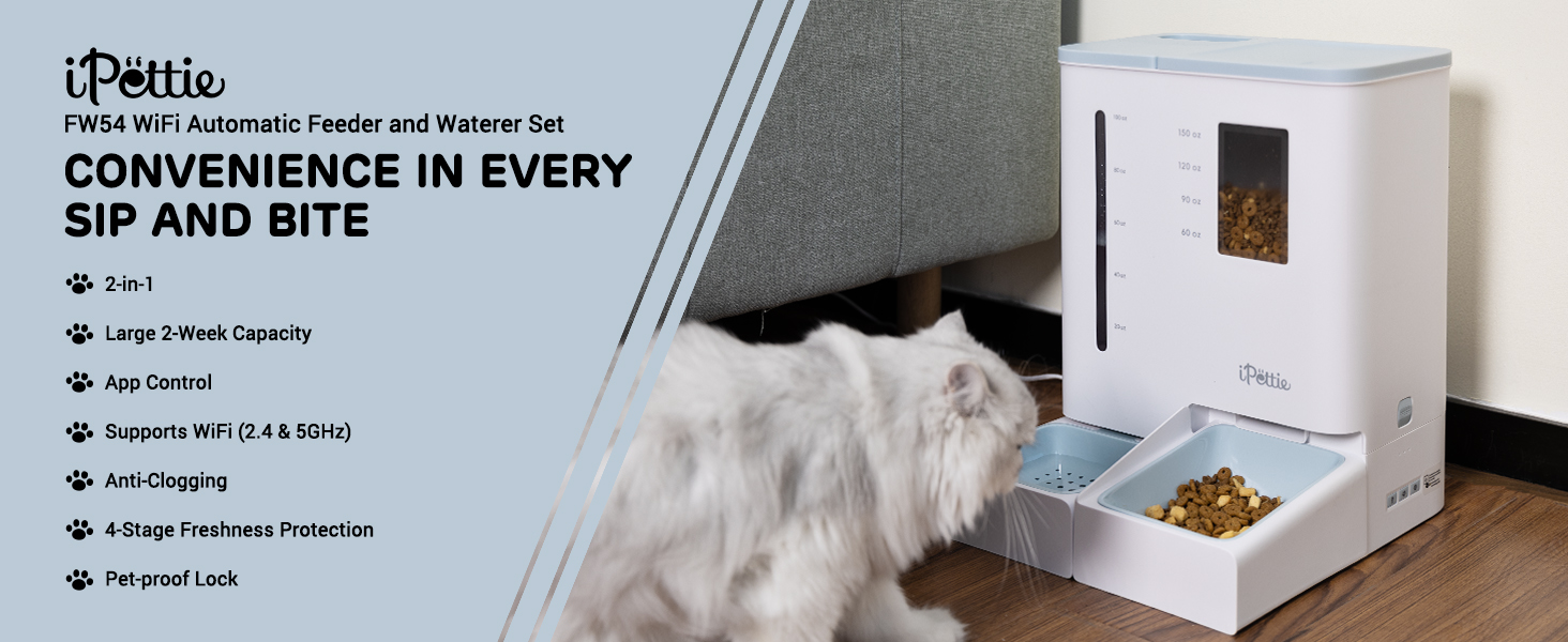 Автоматичний дозатор корму та поливальник для домашніх тварин 2-в-1, FW54, 8,5 кг, для зайнятих батьків