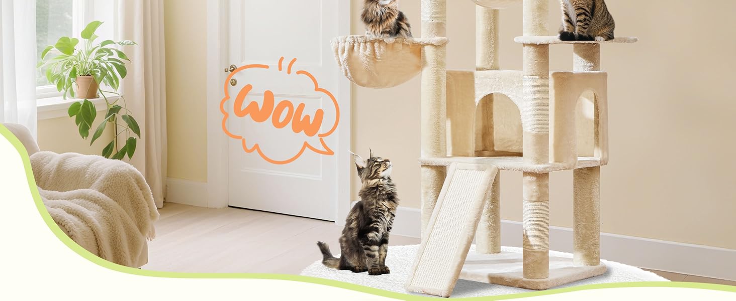 Когтеточка для котів Taoqimiao 183 см, велика, XXL, з будиночком, гамаком, когтеточками, платформою, MS045W (Бежева)
