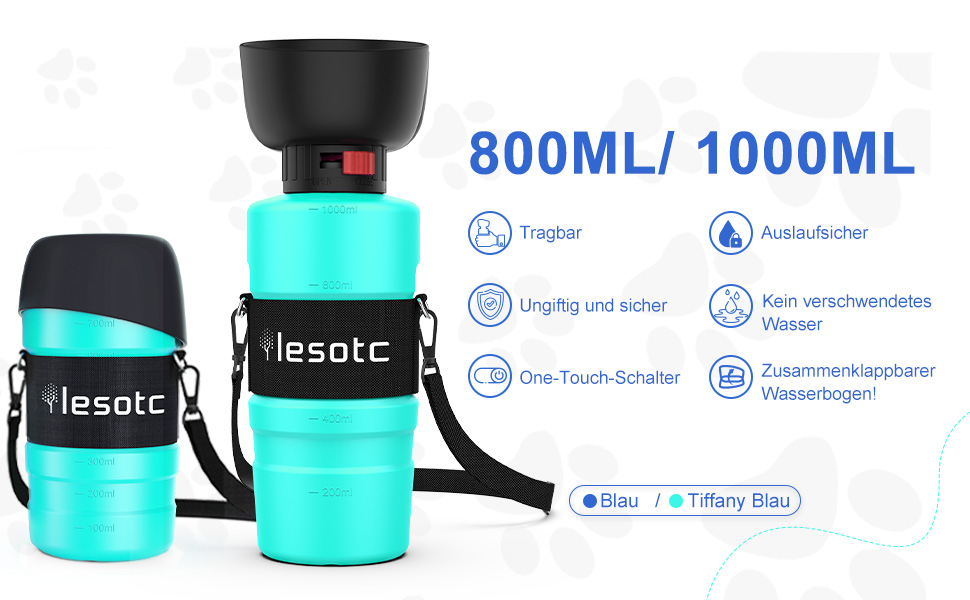 Складана пляшка для води для собак Lesotc, 1000 мл, блакитний колір (для прогулянок, подорожей, кемпінгу)