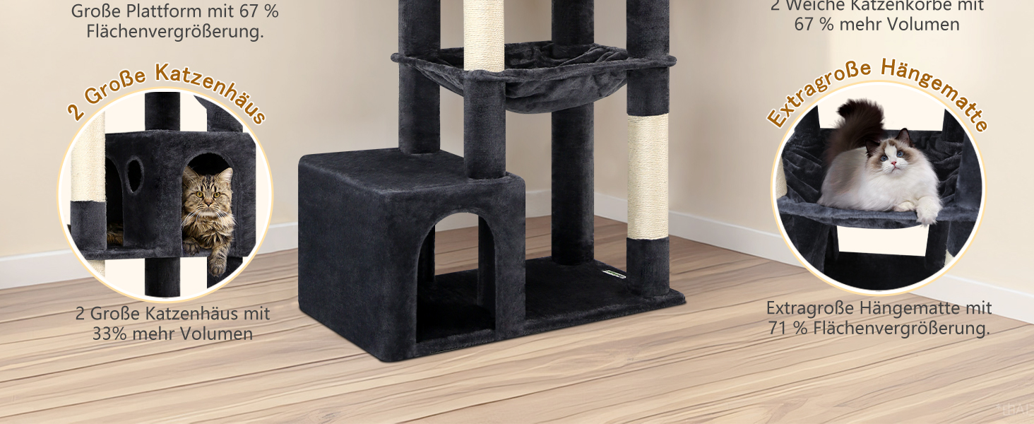 Драбина для котів Globlazer 193 см з будиночком, гамаком, великою платформою та іграшками. Стабільна для 3-5 котів (XXL, темно-сірий)