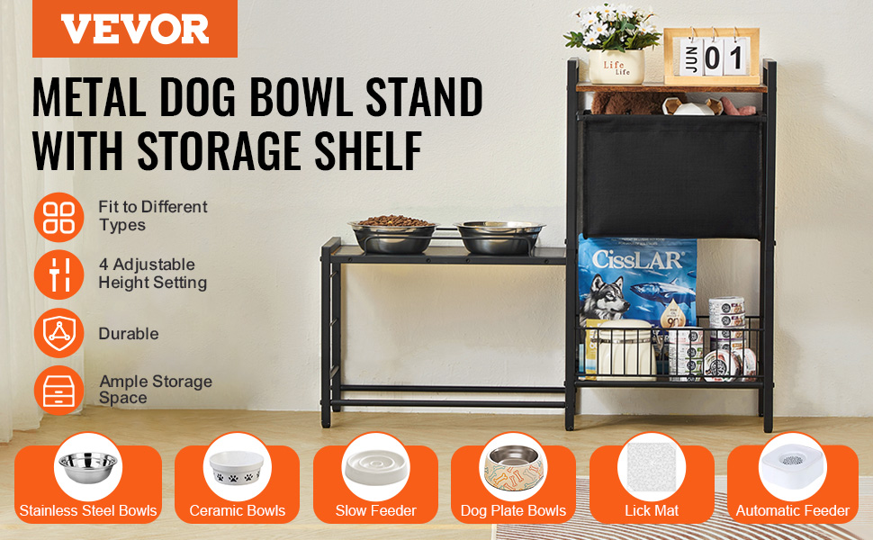 Підставка для корму для собак VEVOR, 92 x 27 x 75 см, з піднятими мисками, для великих, середніх та маленьких собак