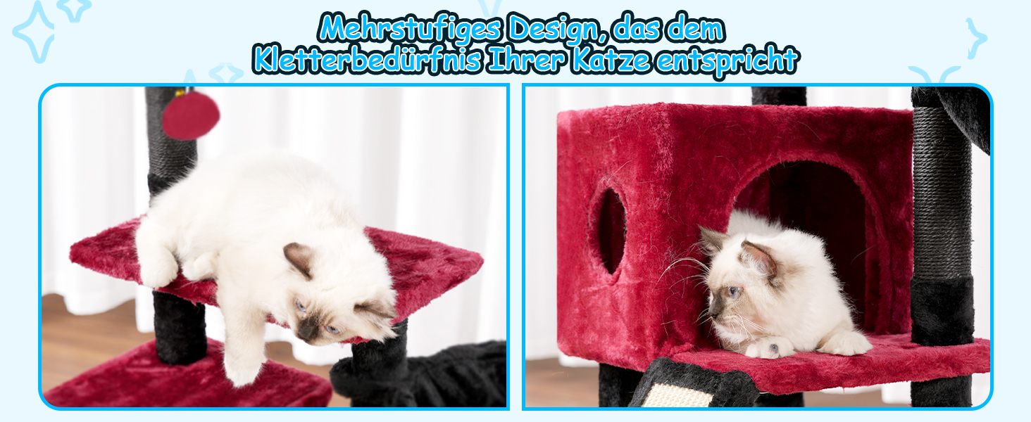 Котячий будиночок Hey-brother Kratzbaum 108 см: багатоповерховий котячий будиночок з подряпувальними стовпами, кошиком, просторим будиночком та іграшкою-помпоном, червоно-чорний MPJ007SBR