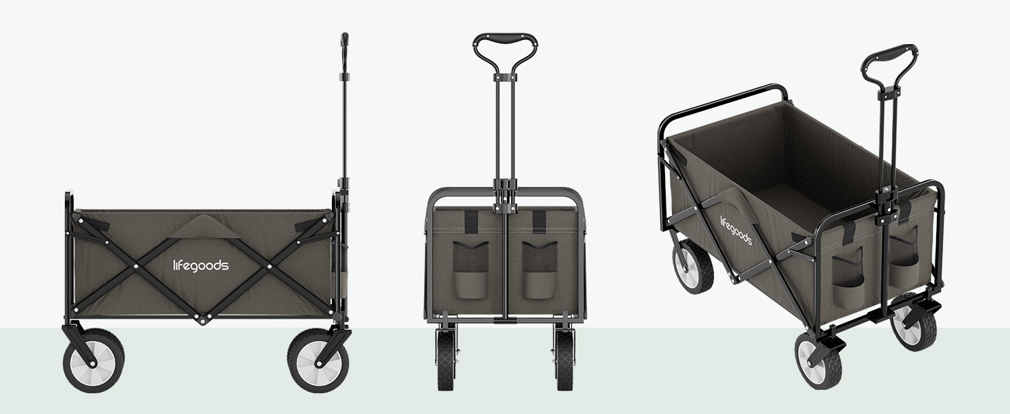 Візок-тачка LifeGoods розкладний сірий – 98x45 см, 94 л, поворотні колеса