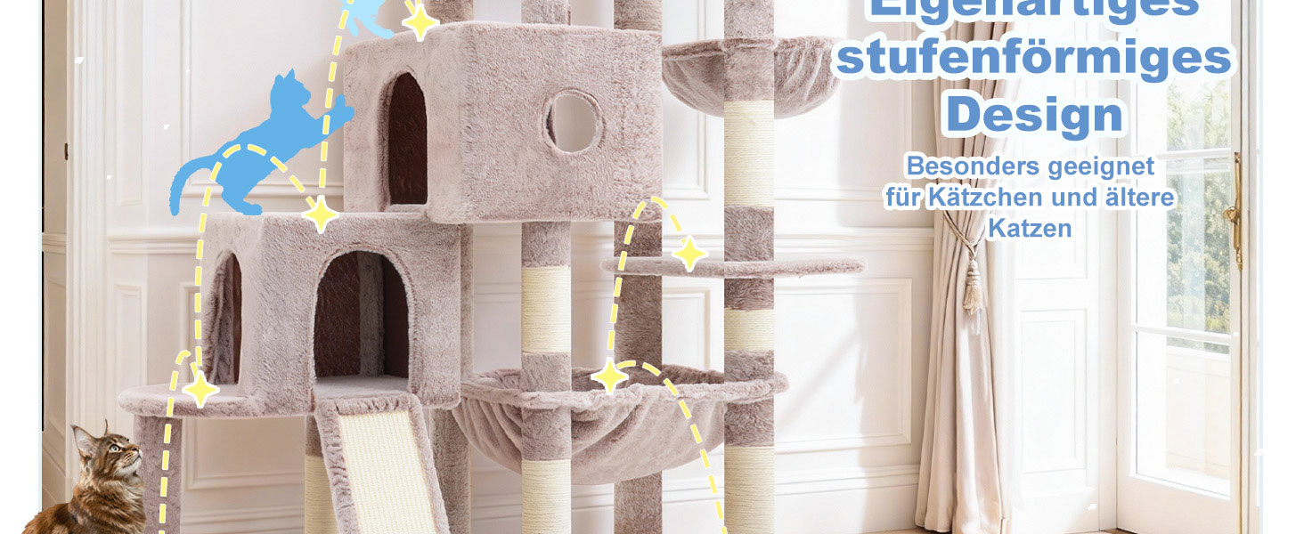 Котячий будиночок Hey-brother Kratzbaum з великими платформами для великих котів, 127 см, з драбиною, 2 печери, гамак, сизаль, кошик, MPJ071W (пісочний)