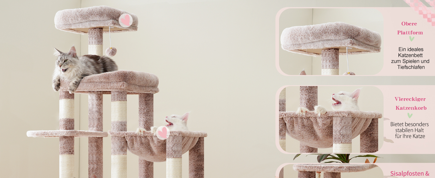 Кігтеточка Heybly Kratzbaum 180 см: велика, стійка, з будиночком, гамаками, для мейн-кунів та інших великих котів, коричнево-бежева
