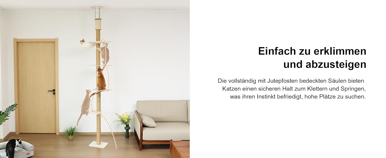 Драбина-кіготь для котів FUKUMARU, 4 яруси, до стелі (251-274см), кріпиться до стіни, з джутової тканини та зручною гамаком, бежева