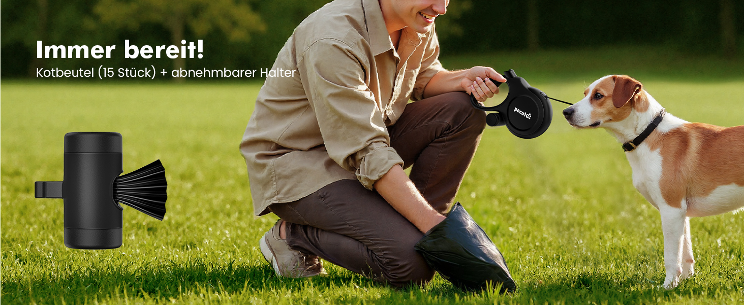 Рулетка для собак Pecute 8м, бісостійка, з набором для збору відходів, 360° без перекручування, чорна (до 50кг)