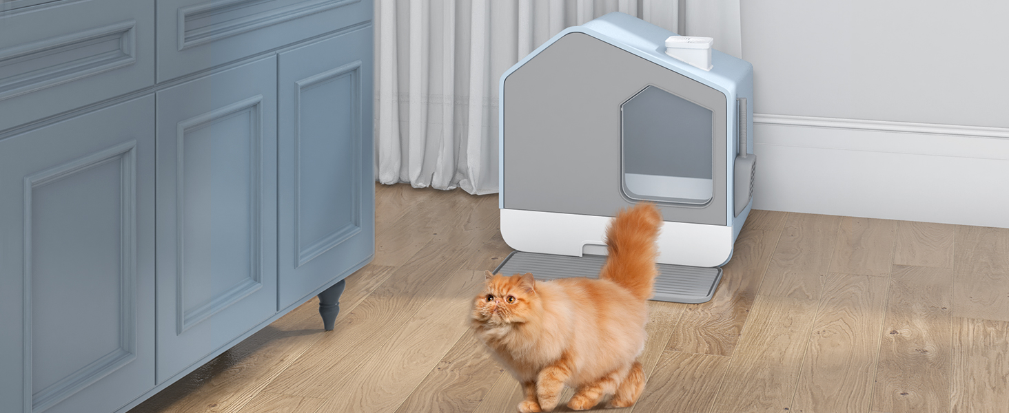 Туалет для котів YITAHOME з кришкою, совком і високими бортами, прихований, легкий у догляді, синій