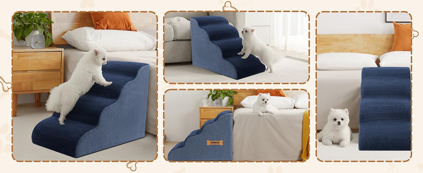 Сходинки для собак та котів Romrol – 4 сходинки, м'який Memory Foam, неслизьке покриття, для захисту суглобів, синій