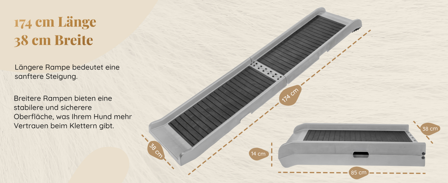 Рампа для собак у машину, складана – 174 см, 38 см – протиковзка гумова поверхня, для великих собак – стійка сходинка для авто та SUV – вантажопідйомність 136 кг – чорна (світло-сіра)