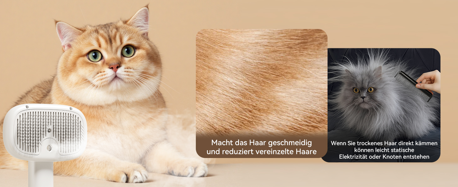 Щітка для котів ROJECO з парою, багатофункціональна, 3-в-1 проти підшерстка та ковтунів, 3 режими розпилення, самоочищення, для довгошерстих та короткошерстих котів та собак, білий колір