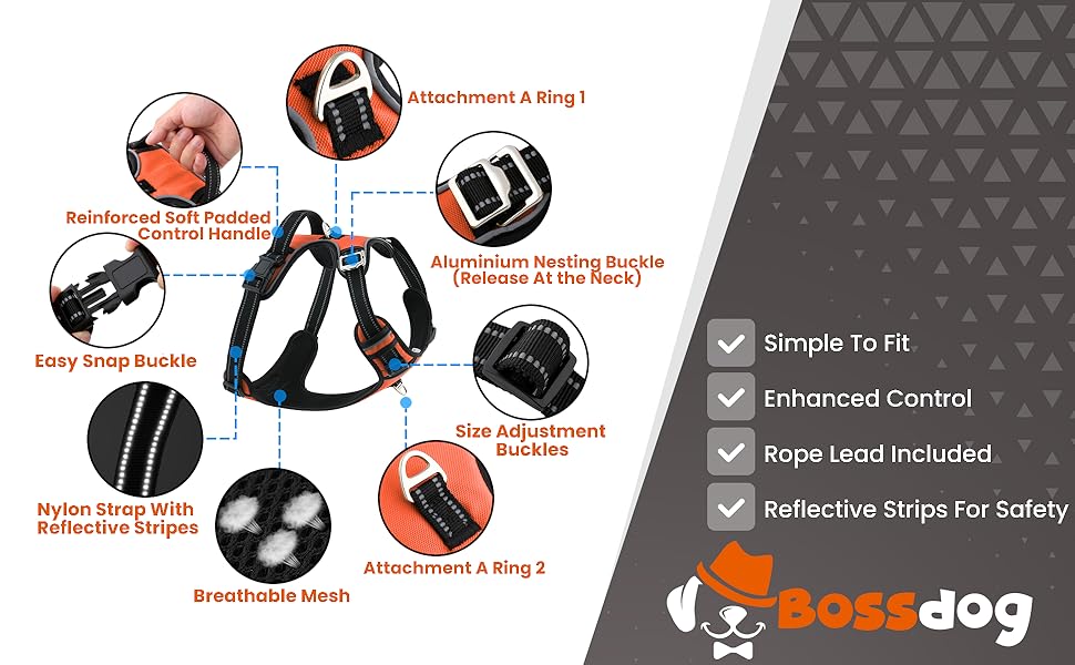 Шлея та повідець Bossdog для собак, антиковзне шлея для малих, середніх і великих собак, із міцною ручкою та світловідбивними смугами, розмір S, помаранчева