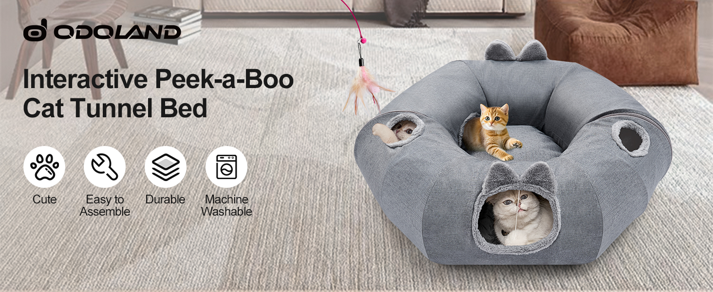 Туннель-ліжко для котів Odoland з м'яким лежком, інтерактивна іграшка з кулькою та шурхотливим тунелем для кошенят, кроликів, цуценят та інших дрібних тварин