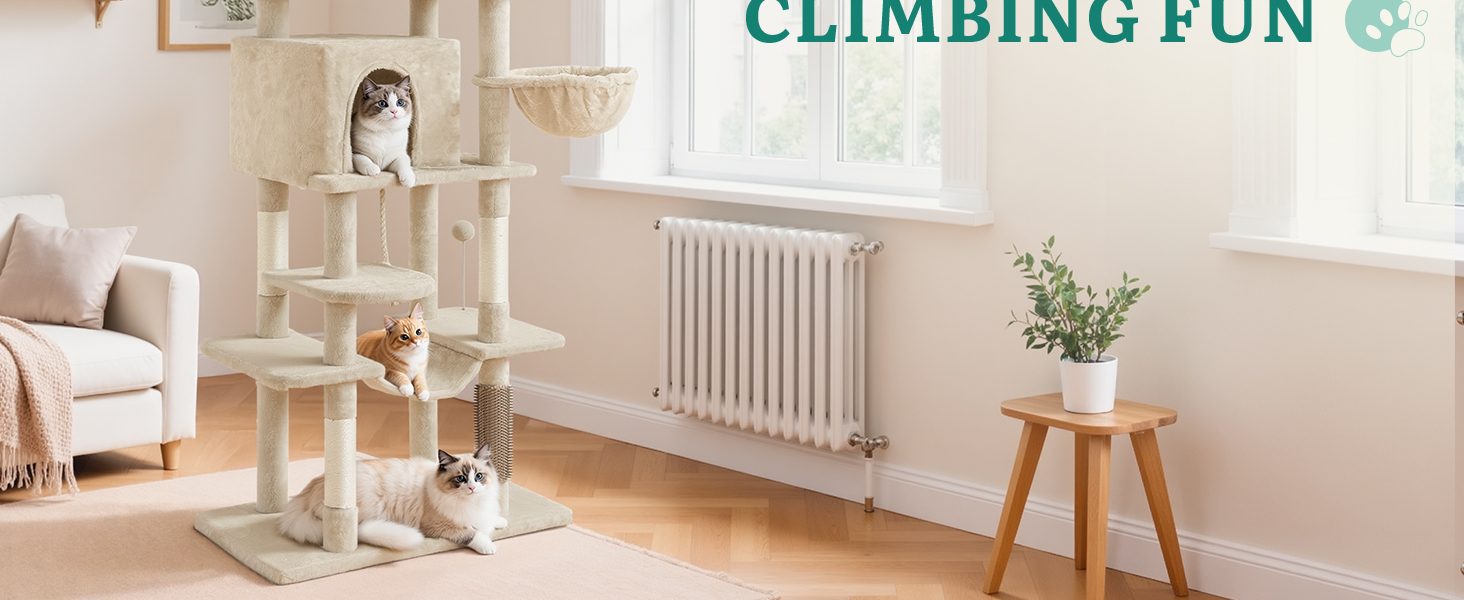 Драбина для котів YITAHOME - кігтеточка, будиночок, велика платформа, товсті стовпи (11 см), м'яке ліжко, 50 x 50 x 157 см (Бежевий)