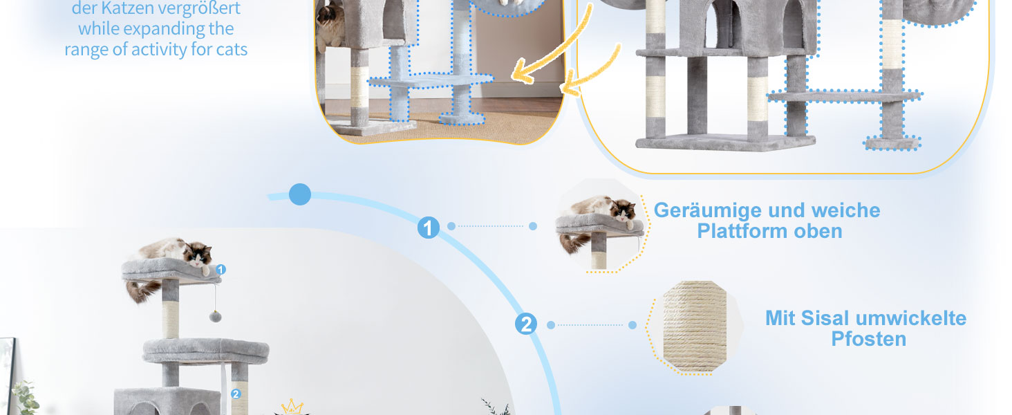 Котячий будиночок Hey-brother XXL для великих котів, 180 см, сірий, з 3 платформами, 2 кошиками та великою печерою