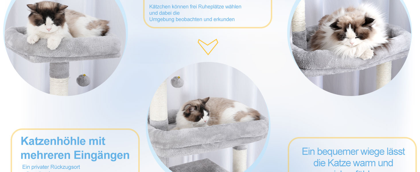 Котячий будиночок Hey-brother XXL для великих котів, 180 см, сірий, з 3 платформами, 2 кошиками та великою печерою