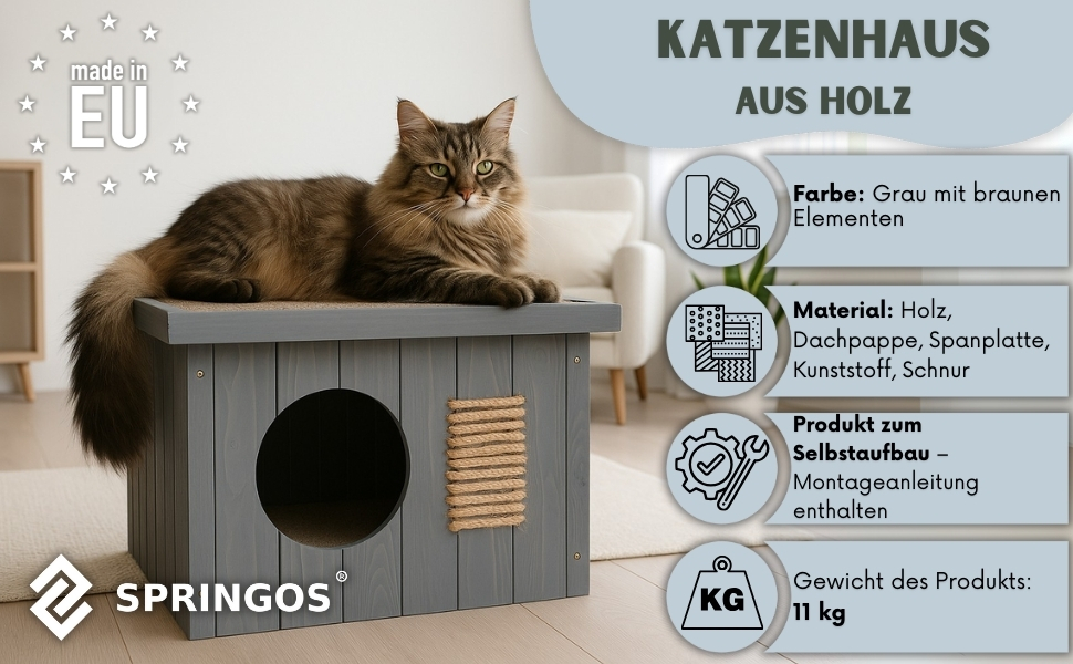 Вуличний зимовий будиночок для котів SPRINGOS, ізоляція, дерев'яний, плоский дах, сірий, 58x49,5 см, для котів і дрібних тварин, захист від негоди