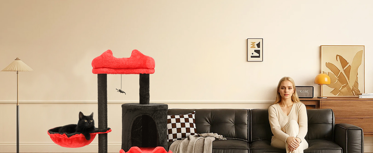 Котячий комплекс Gothic Halloween: стійка кімната з ліжком, будиночком та когтеточками, 84.5 см (Чорний/Червоний)