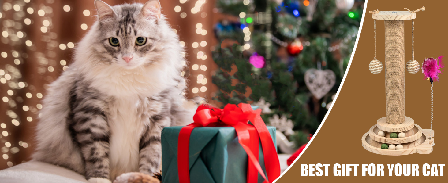 Іграшка для котів TSKDKIT: інтерактивний кігтеточки з кулями, пір'ям та м'ячами, 45 см, 2-ярусний обертовий столик, для маленьких/середніх котів