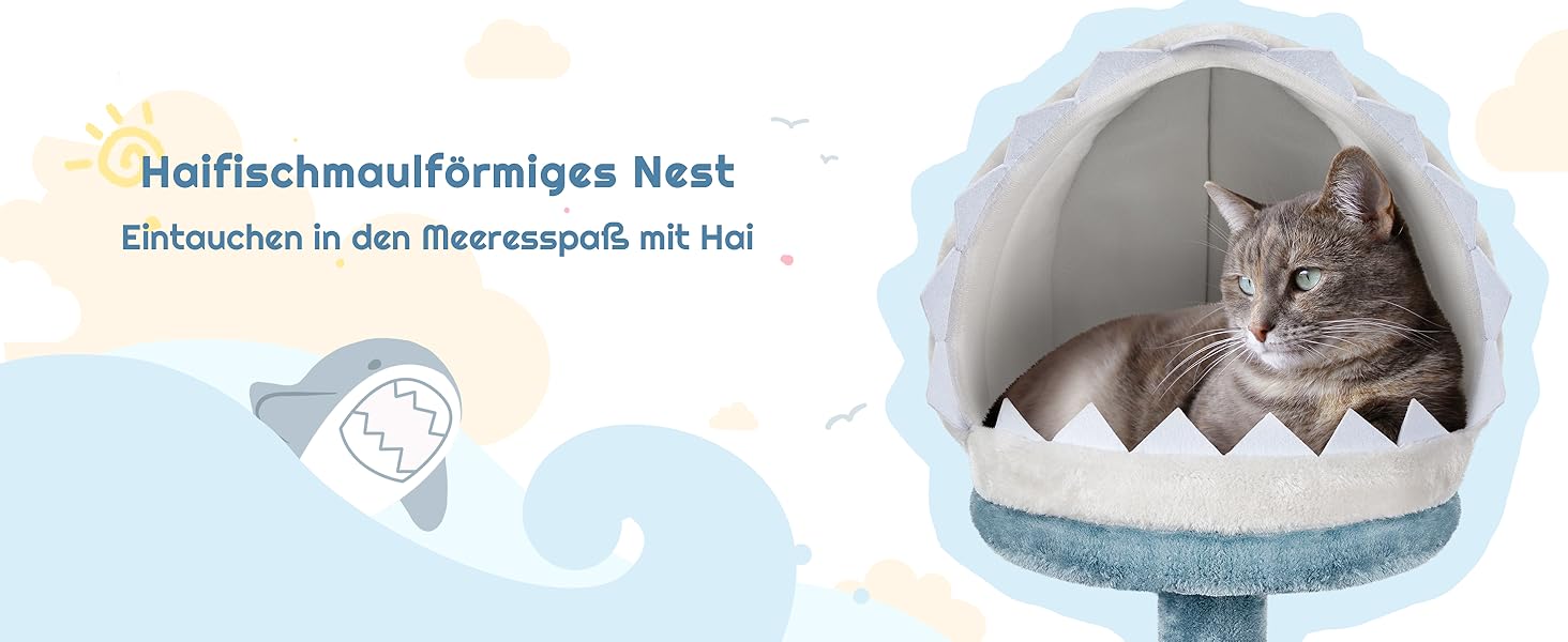 Котячий комплекс Yaheetech Meer Kratzbaum, великий, сучасний дизайн 'Океан', з гамаком та мотузкою з сизалю, 115 см, блакитно-білий