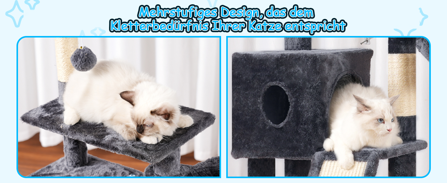 Котячий будиночок Hey-brother Kratzbaum 108 см: багатоярусний котячий комплекс з когтеточками, будиночком, гамаком та іграшками, кольори: рудий/чорний, MPJ007SBR (димно-сірий)