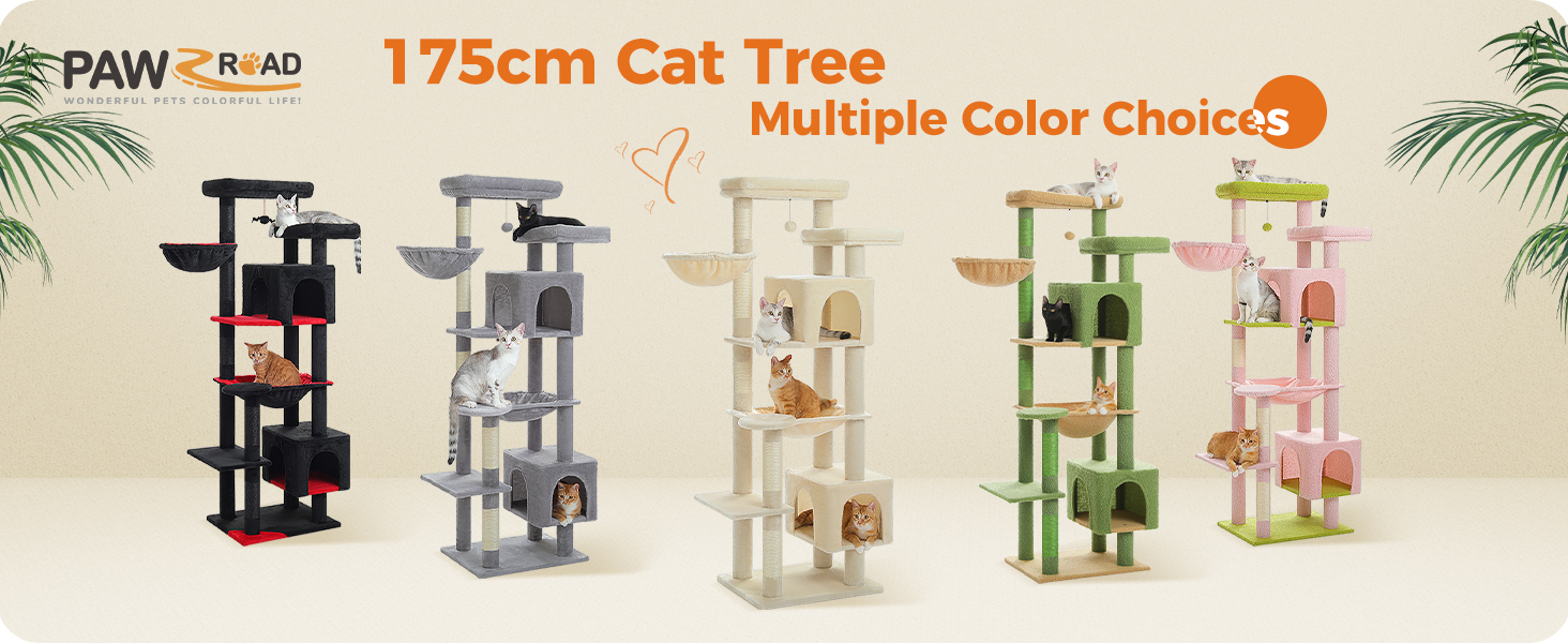 PAWZ Road Великий котячий комплекс з дряпалкою, 175 см, багатоярусний, для великих котів, будиночок з 5 дряпальних стовпів з сизалю, лоток, гамак та плюшеві лежанки, сірий