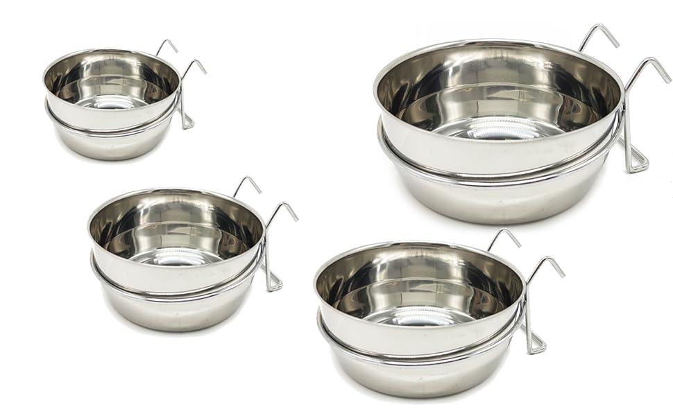Миска для годування птахів, папуг, тварин та собак (для котів) з нержавіючої сталі, з гачком, 4 розміри
