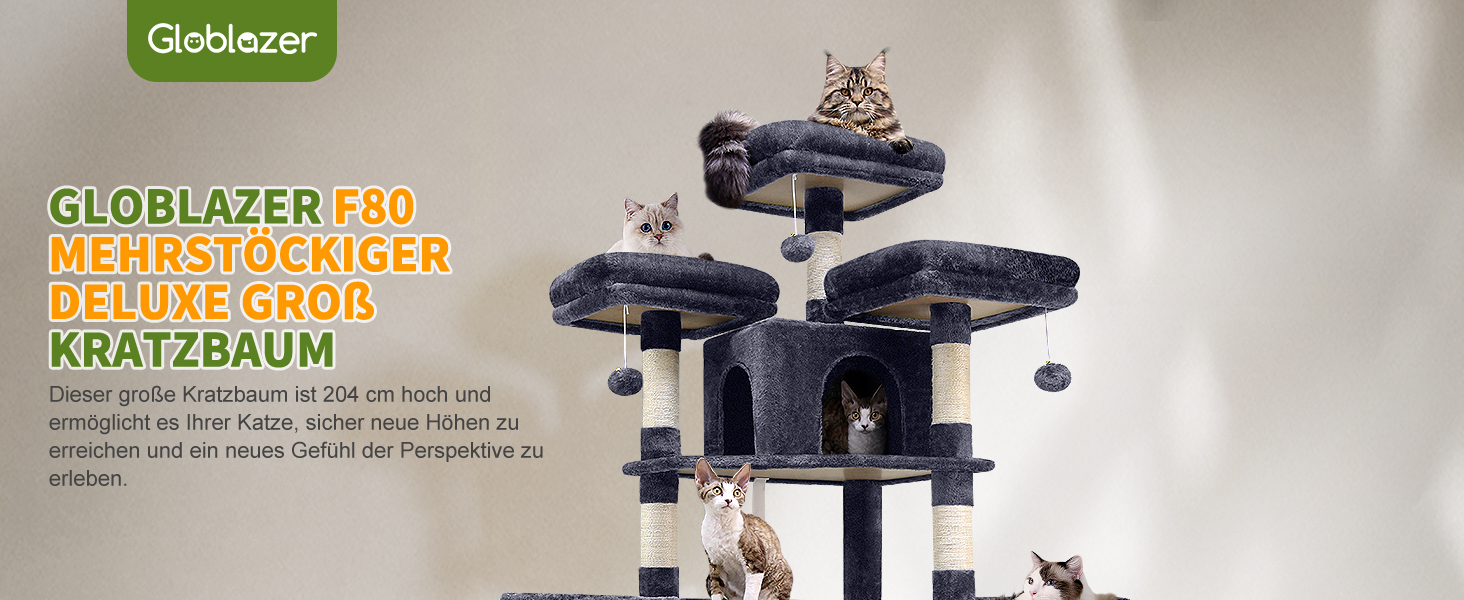 Котячий будиночок Globlazer XXL: великий, 204 см, з 3 лежаками, 2 будиночками, 2 кошиками, гамаком, стабільний для великих котів та кількох котів (F80, темно-сірий)